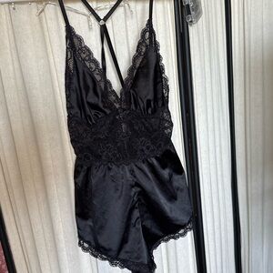Elegant Black Lace Trim Satin Romper